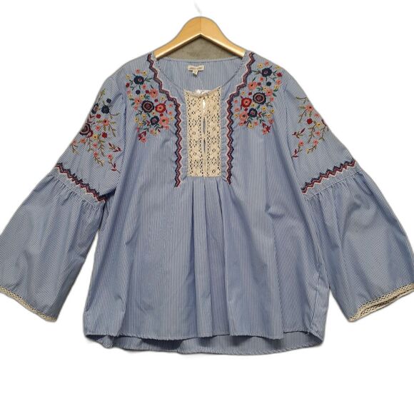 Jennifer & Grace Tops - Jennifer & Grace Women Sz 1X Floral Embroidered Blouse Long Sleeve Blue NWT